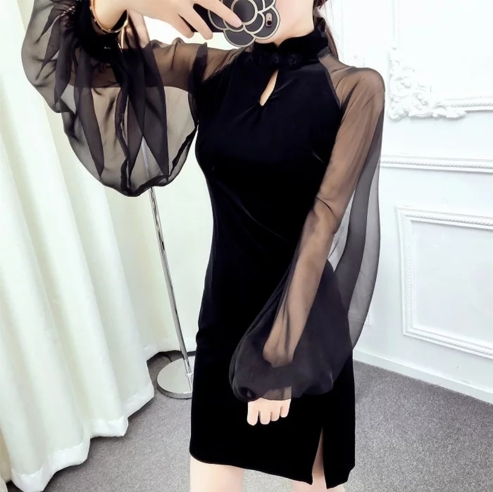 Velvet bishop sleeve cheongsam style mini dress